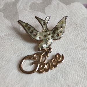 Peace Dove Brooch Goldtone Silver White Enamel W/ Rhinestones Dangle